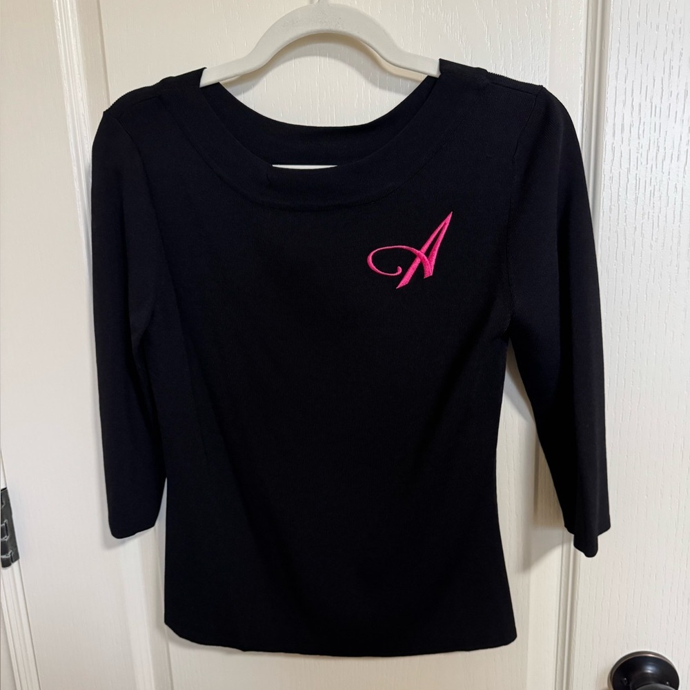 Joseph A. Black 3/4 Sleeve Knit Top with Pink Embroidery